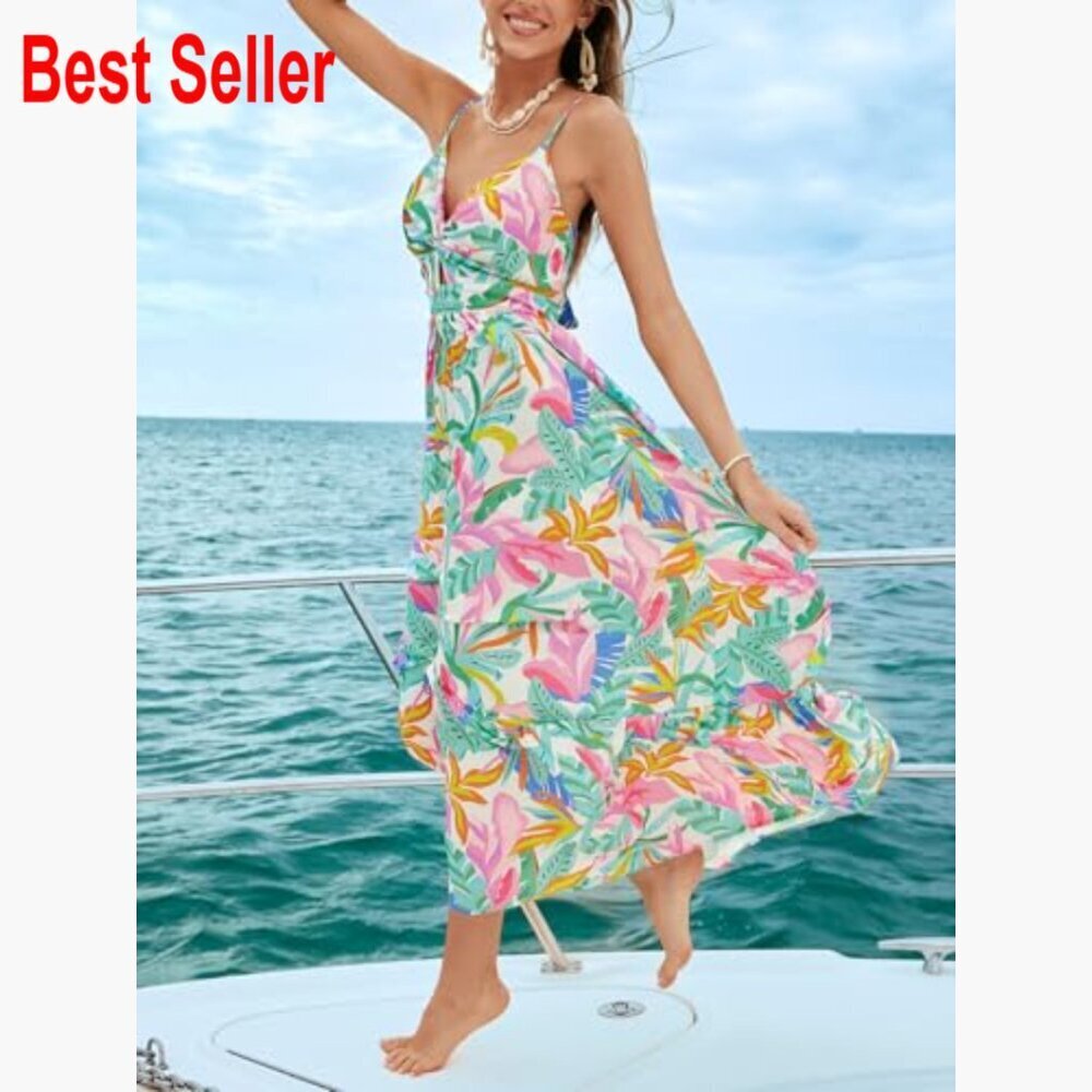 Maxi Dress with V-Neck, Sleeveless, Self Tie Back, 100% Rayon - Picture 3 of 6
